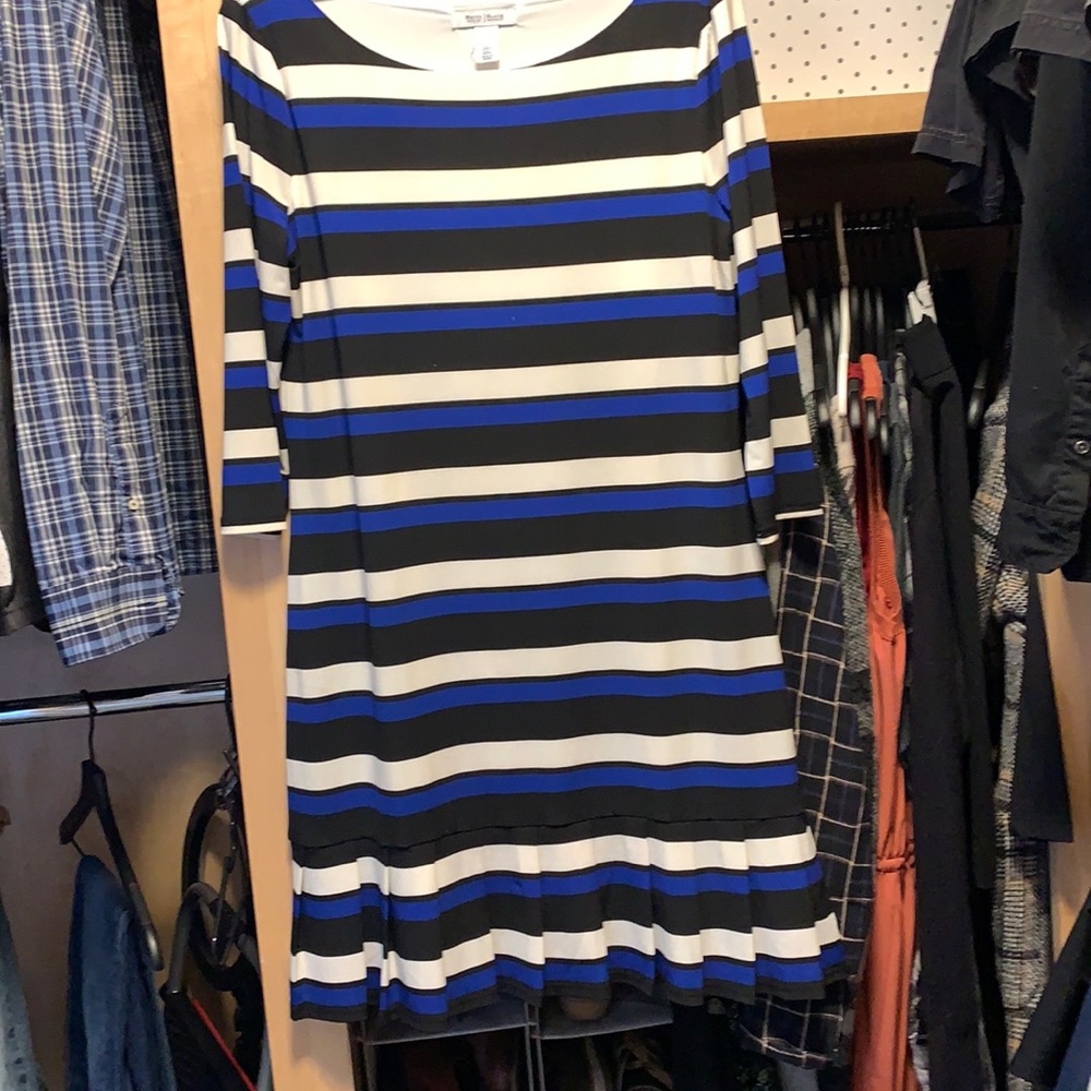 Geometric navy blue and black jersey knit dress